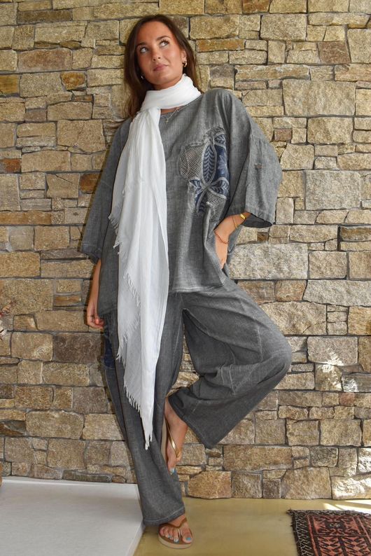 Lindin Linen Blend Crochet Flower Top Washed Charcoal